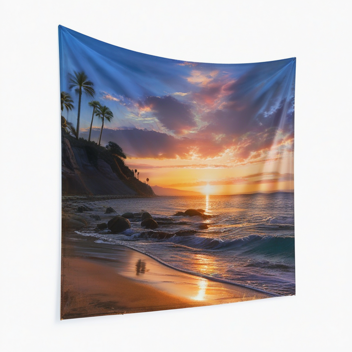 Tapisserie murale 150 x 130 cm en polyester bleu motif coucher de soleil décoration intérieure