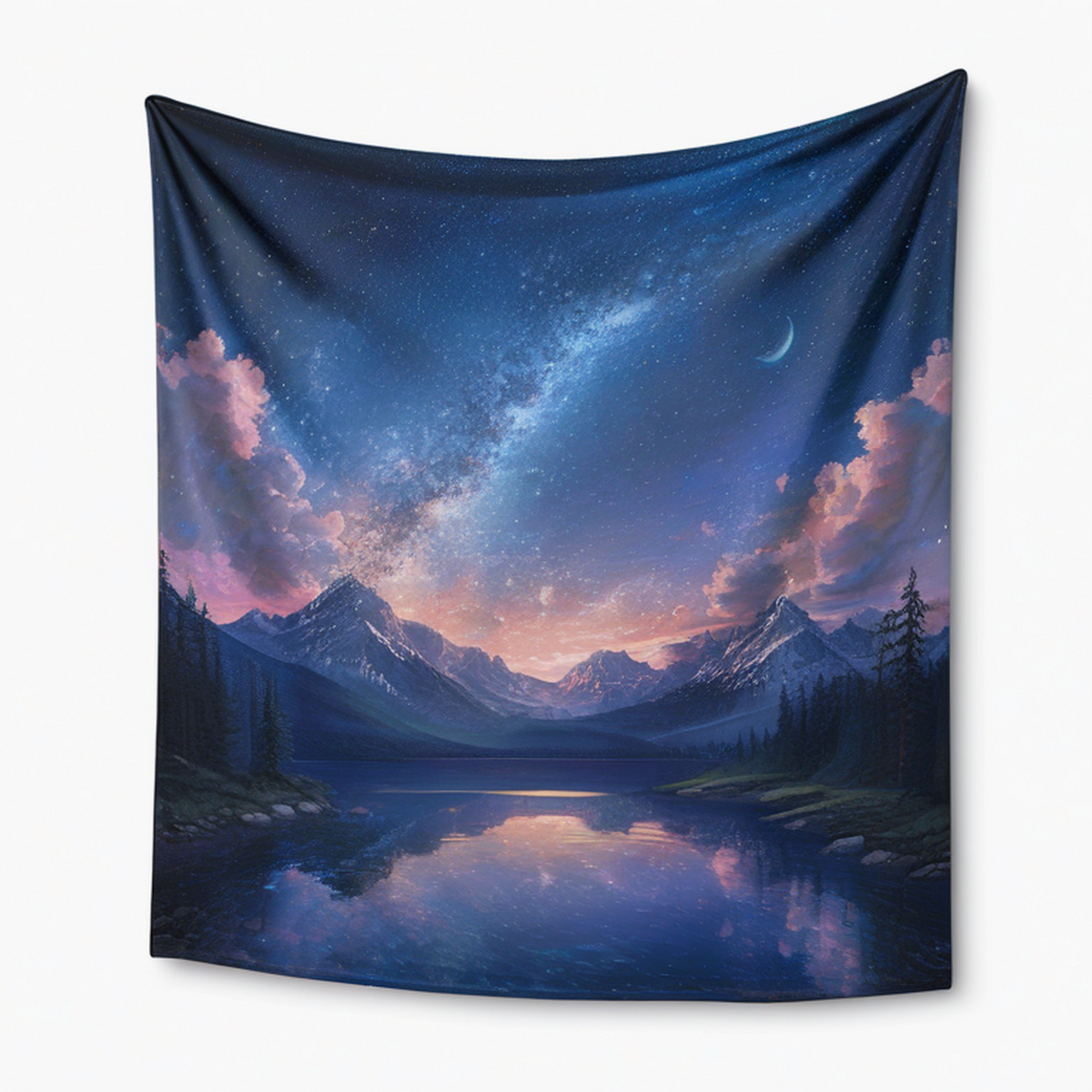 Tenture murale 150 x 130 cm en polyester bleu paysage nocturne décorative