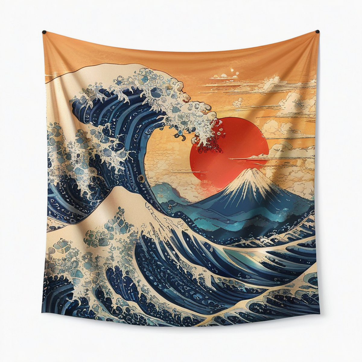 Tapisserie murale 150 x 130 cm en polyester bleu beige orange à motif vagues montagne et soleil