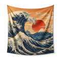 Tapisserie murale 150 x 130 cm en polyester bleu beige orange à motif vagues montagne et soleil