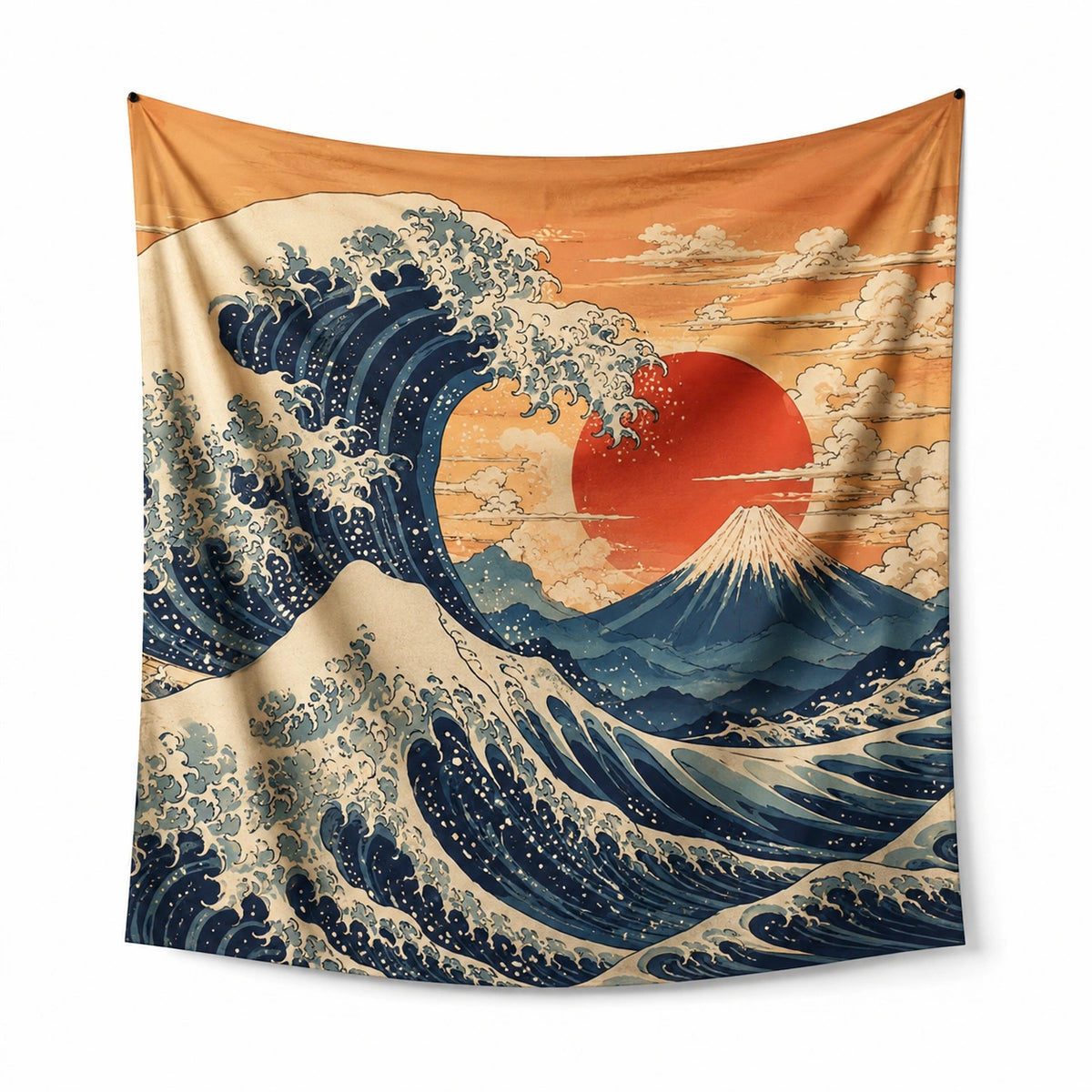 Tapisserie murale 150 x 130 cm en polyester bleu beige orange à motif vagues montagne et soleil