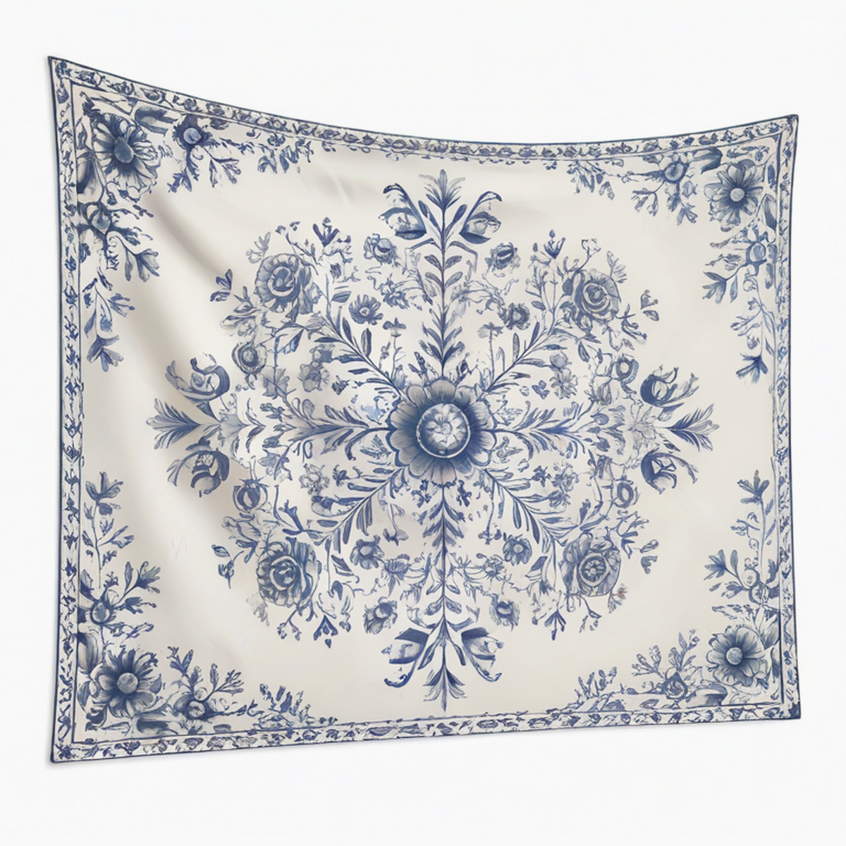 Tenture murale 150 x 150 cm en tissu blanc et bleu à motif floral décoratif