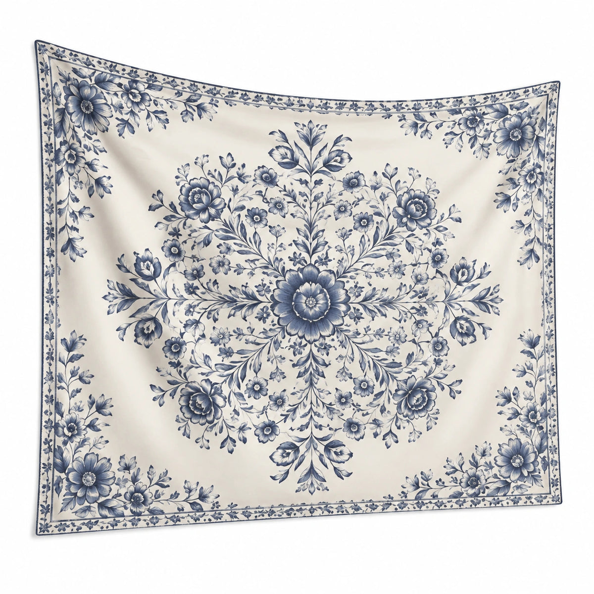 Tenture murale 150 x 150 cm en tissu blanc et bleu à motif floral décoratif
