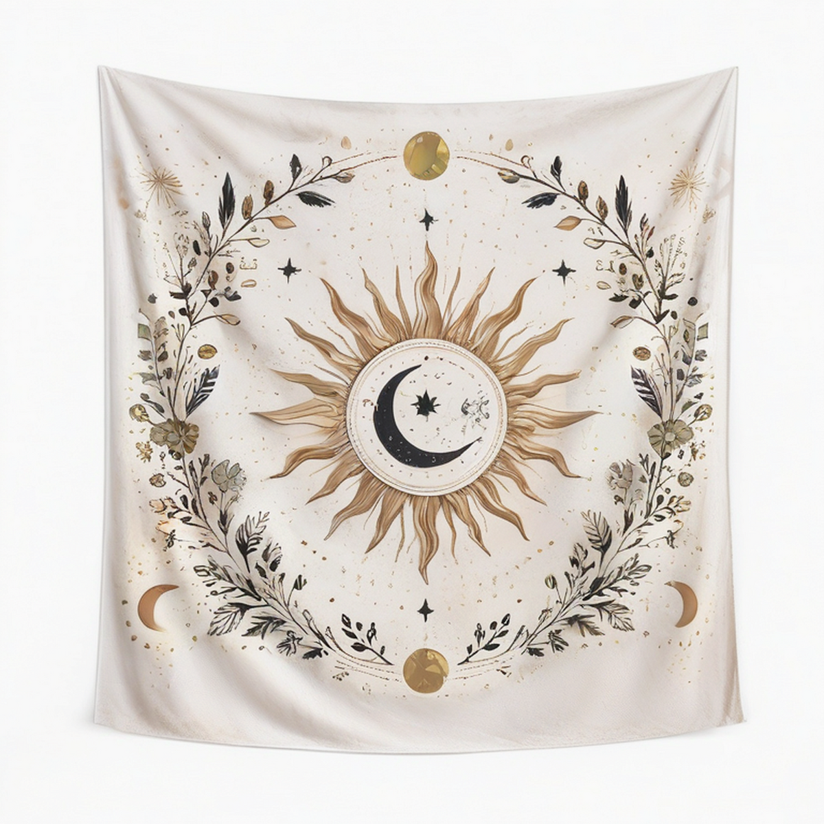 Tenture murale 150 x 150 cm en polyester beige motif soleil lune style bohème